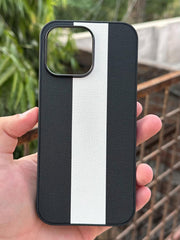 iPhone "14 Pro Max" Premium Puloka Leather Stripe Case - Black & White