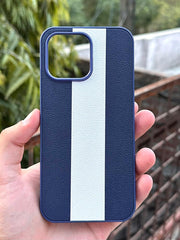 iPhone "15 Pro Max" Premium Puloka Leather Stripe Case - Blue & White