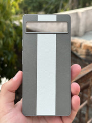 Google Pixel "6A" Premium Puloka Leather Stripe Case - Gray & White