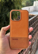 iPhone "15 Pro Max" Premium Remax Leather Stitched Case - Brown