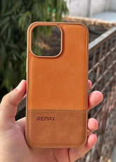 iPhone "13 Pro Max" Premium Remax Leather Stitched Case - Brown