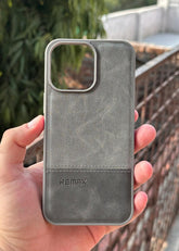 iPhone "14 Pro Max" Premium Remax Leather Stitched Case - Gray