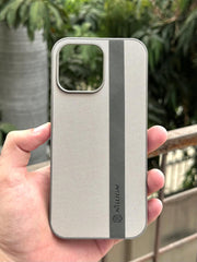 iPhone "15 Pro Max" Premium NILKIN Leather Stripe Case - White & Gray