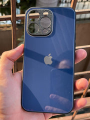 iPhone "14 Pro Max" Tempered Glass "Chrome" Case - Dark Blue