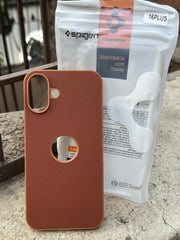 iPhone "16 Plus" Spigen Rugged Texture "LOGO-CUT" Case - Brown