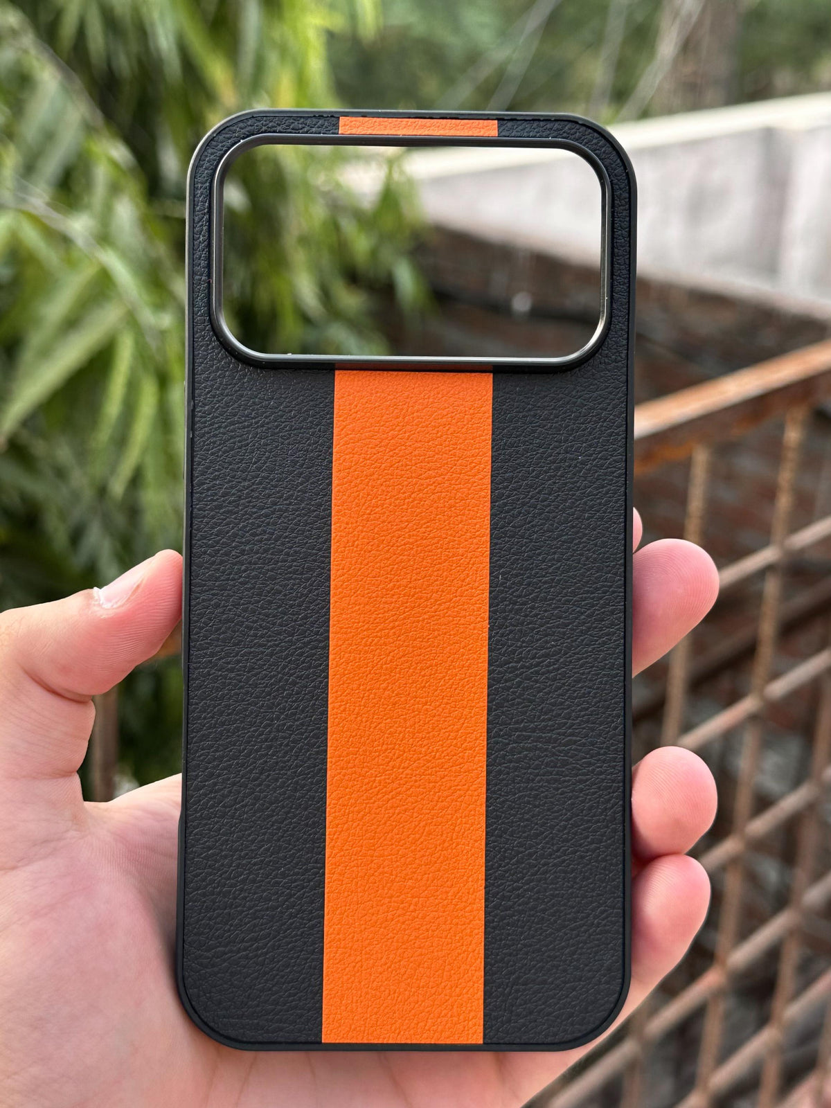 iPhone "17 Pro Max" Premium Puloka Leather Stripe Case - Black & Orange