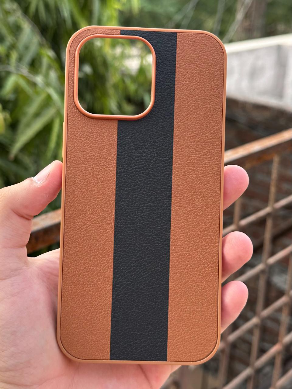 iPhone "16 Pro Max" Premium Puloka Leather Stripe Case - Brown & Black