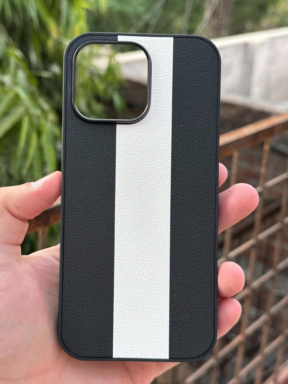 iPhone "14 Pro Max" Premium Puloka Leather Stripe Case - Black & White