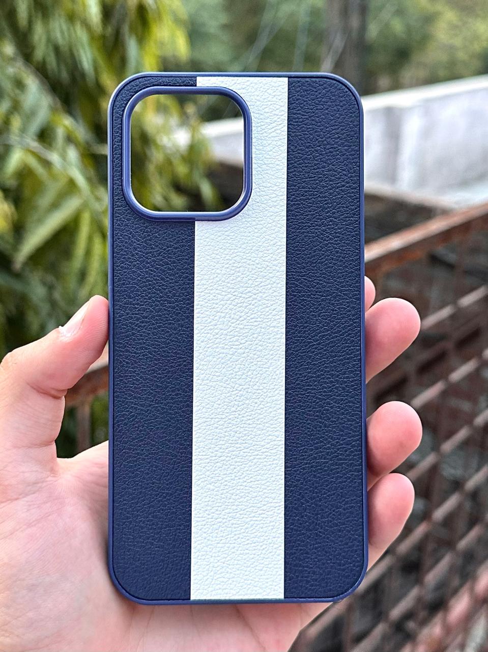 iPhone "15 Pro Max" Premium Puloka Leather Stripe Case - Blue & White