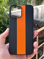 iPhone "12 Pro Max" Premium Puloka Leather Stripe Case - Black & Orange