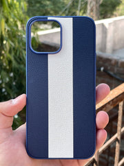 iPhone "12 Pro Max" Premium Puloka Leather Stripe Case - Blue & White