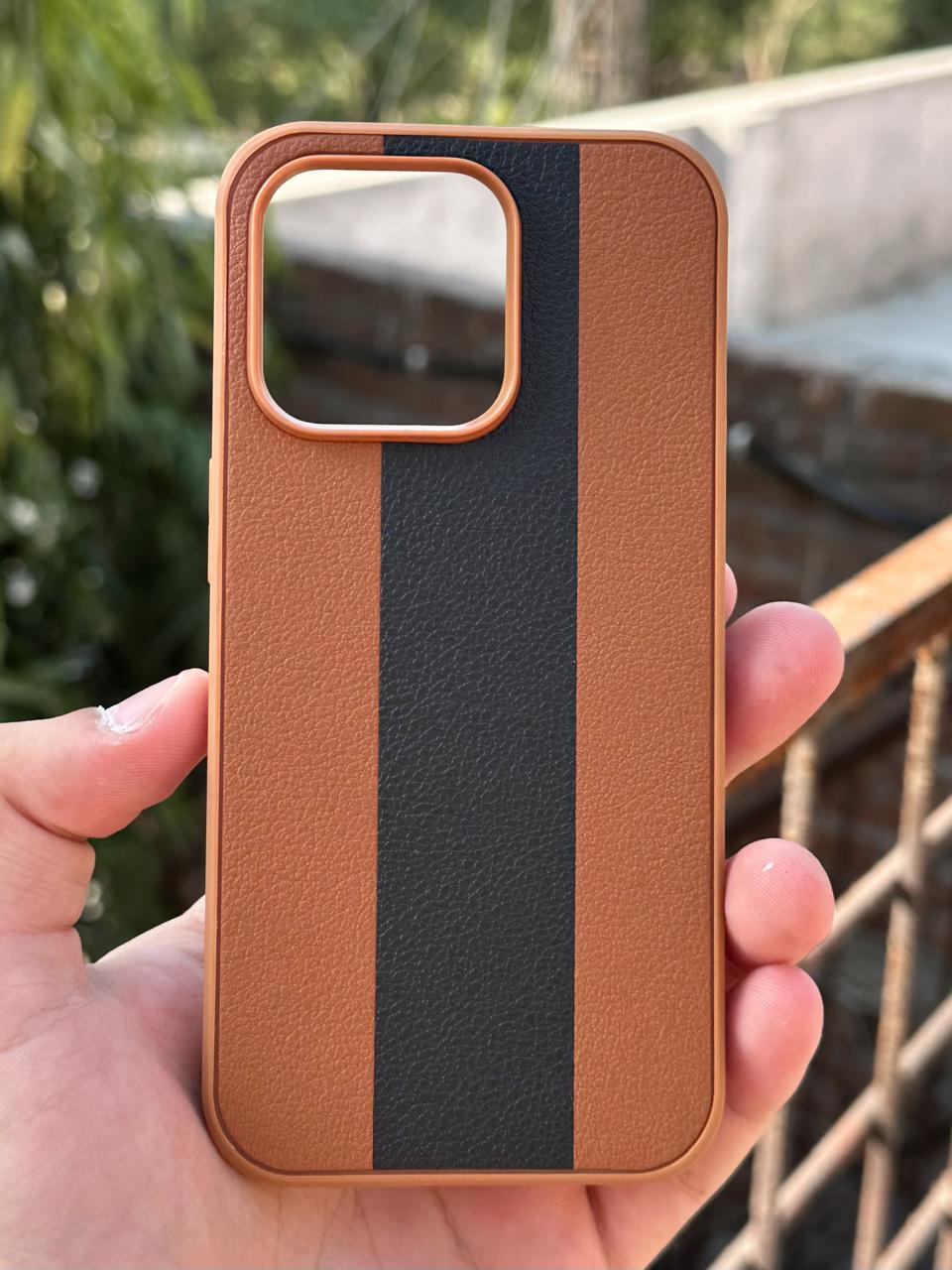 iPhone "14 Pro" Premium Puloka Leather Stripe Case - Brown & Black