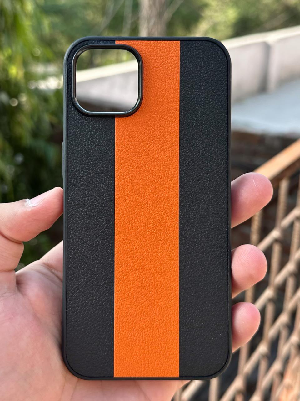 iPhone "11" Premium Puloka Leather Stripe Case - Black & Orange