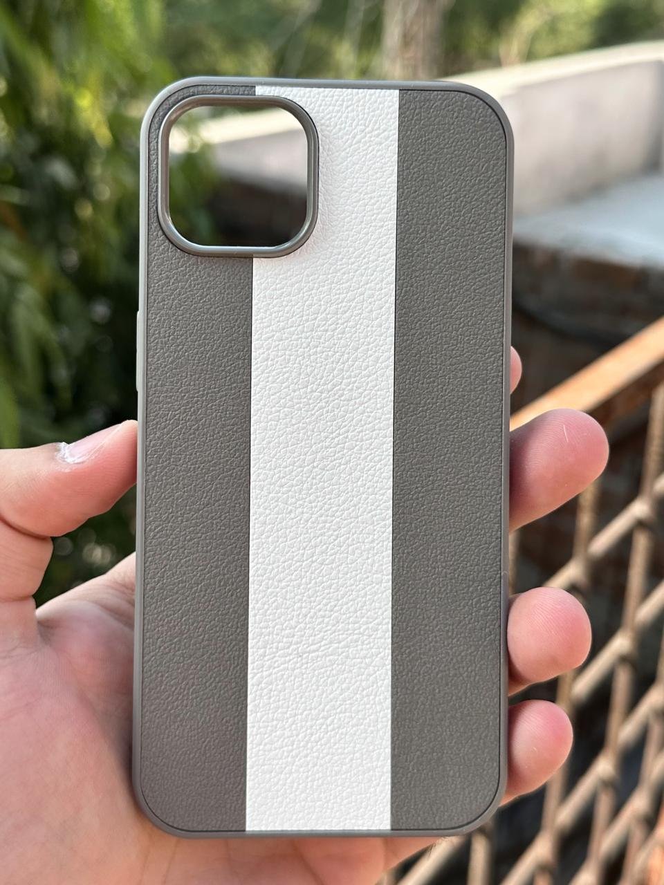 iPhone "13/14" Premium Puloka Leather Stripe Case - Gray & White