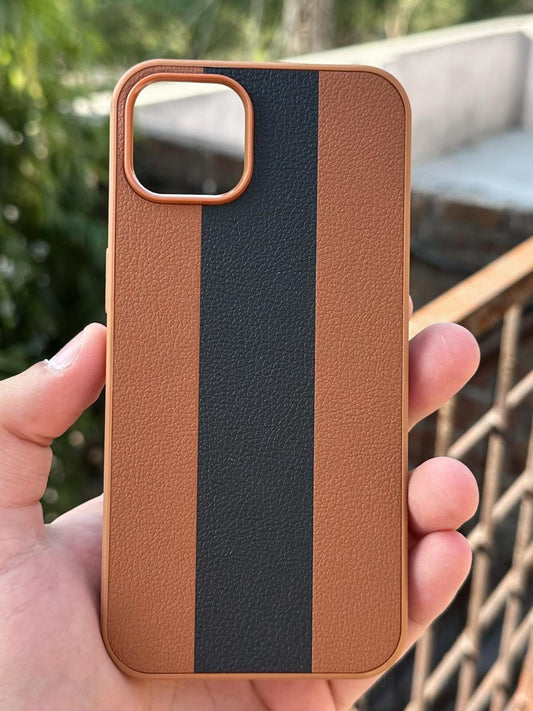 iPhone "13/14" Premium Puloka Leather Stripe Case - Brown & Black