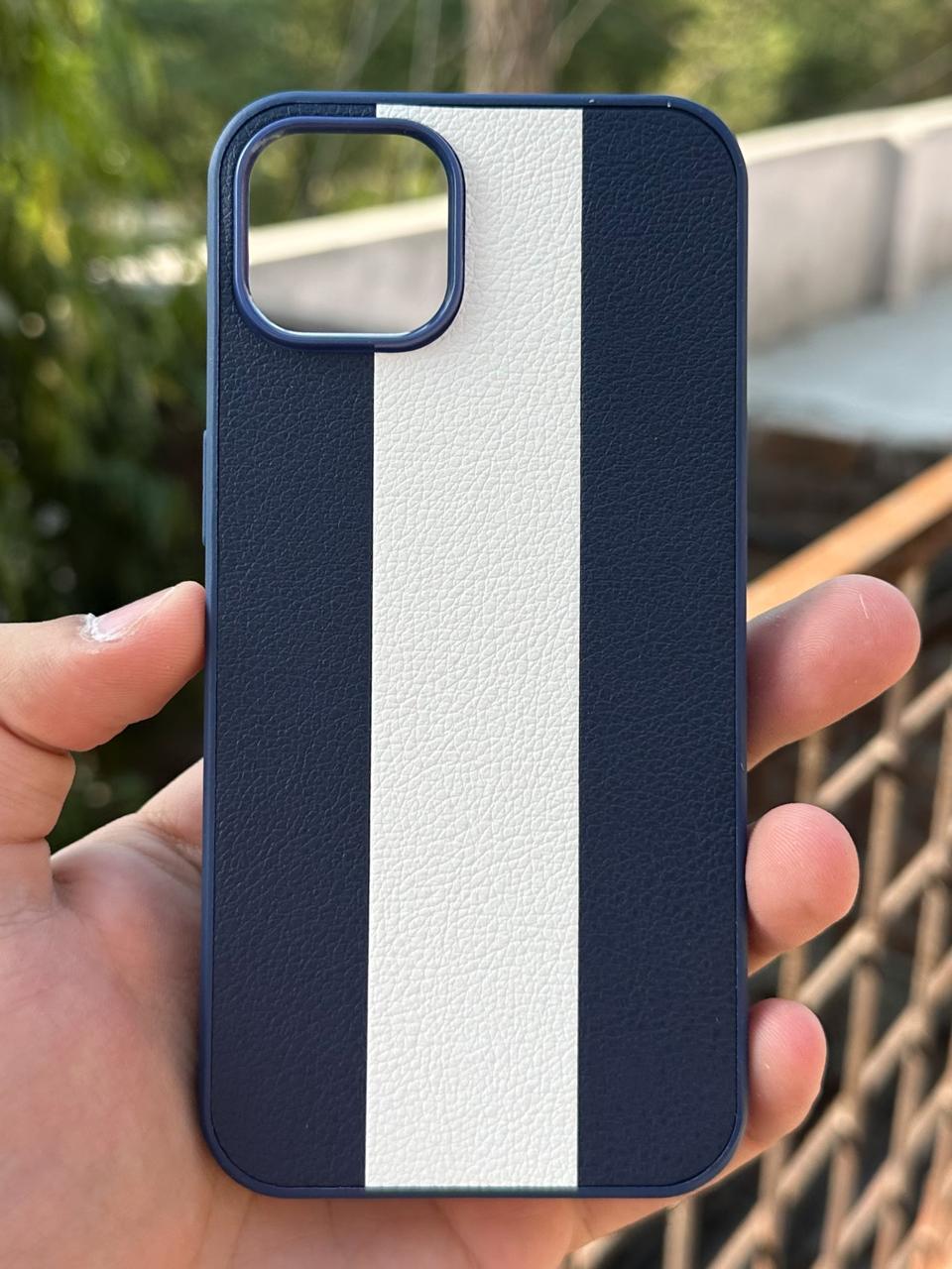 iPhone "13/14" Premium Puloka Leather Stripe Case - Blue & White
