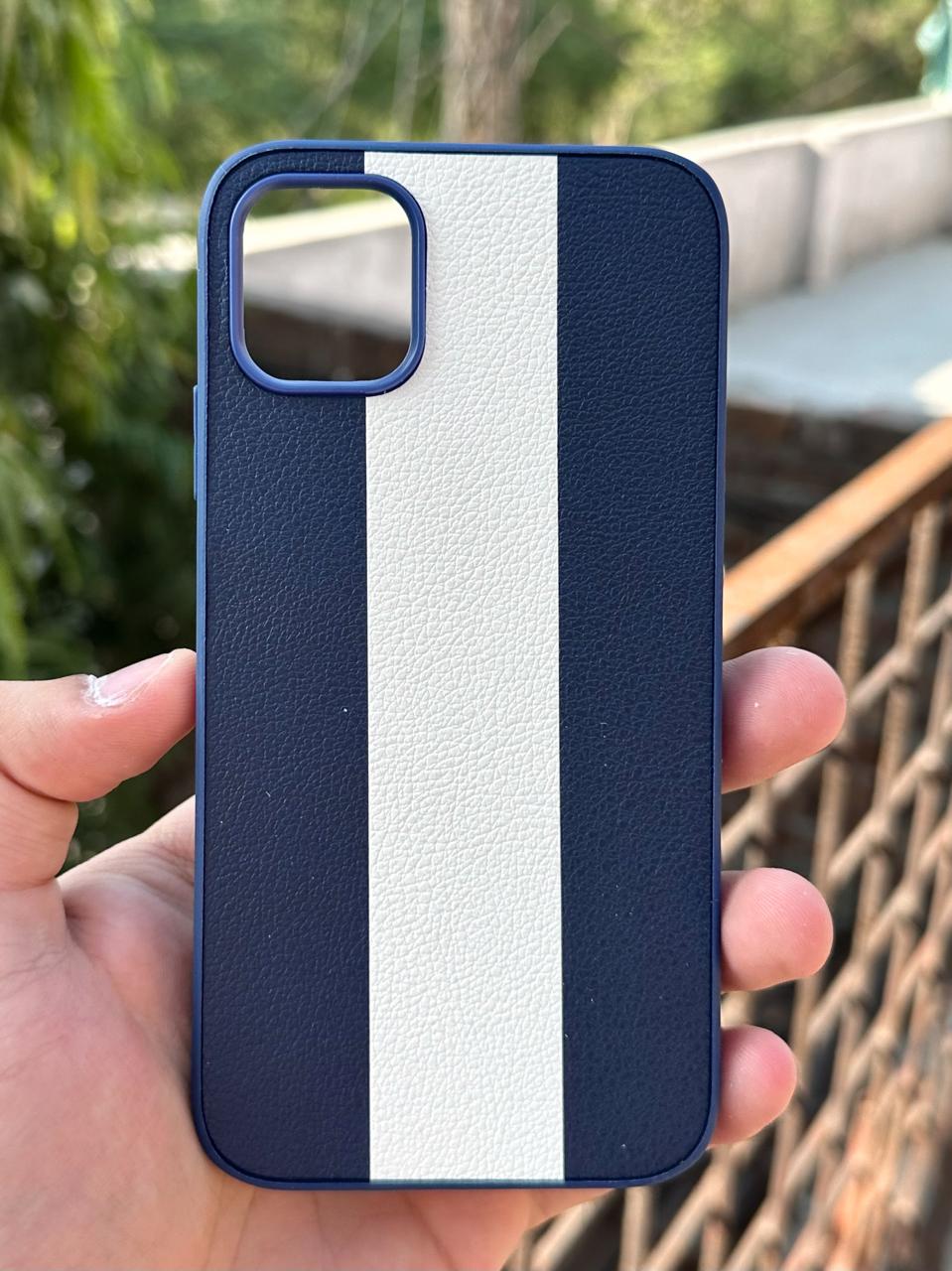 iPhone "12/12 Pro" Premium Puloka Leather Stripe Case - Blue & White