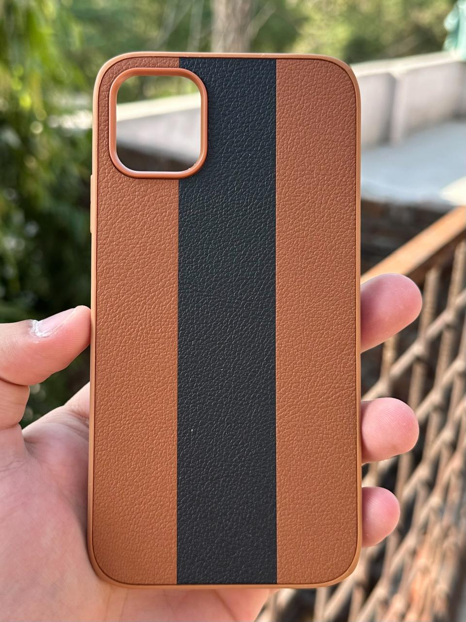 iPhone "12/12 Pro" Premium Puloka Leather Stripe Case - Brown & Black