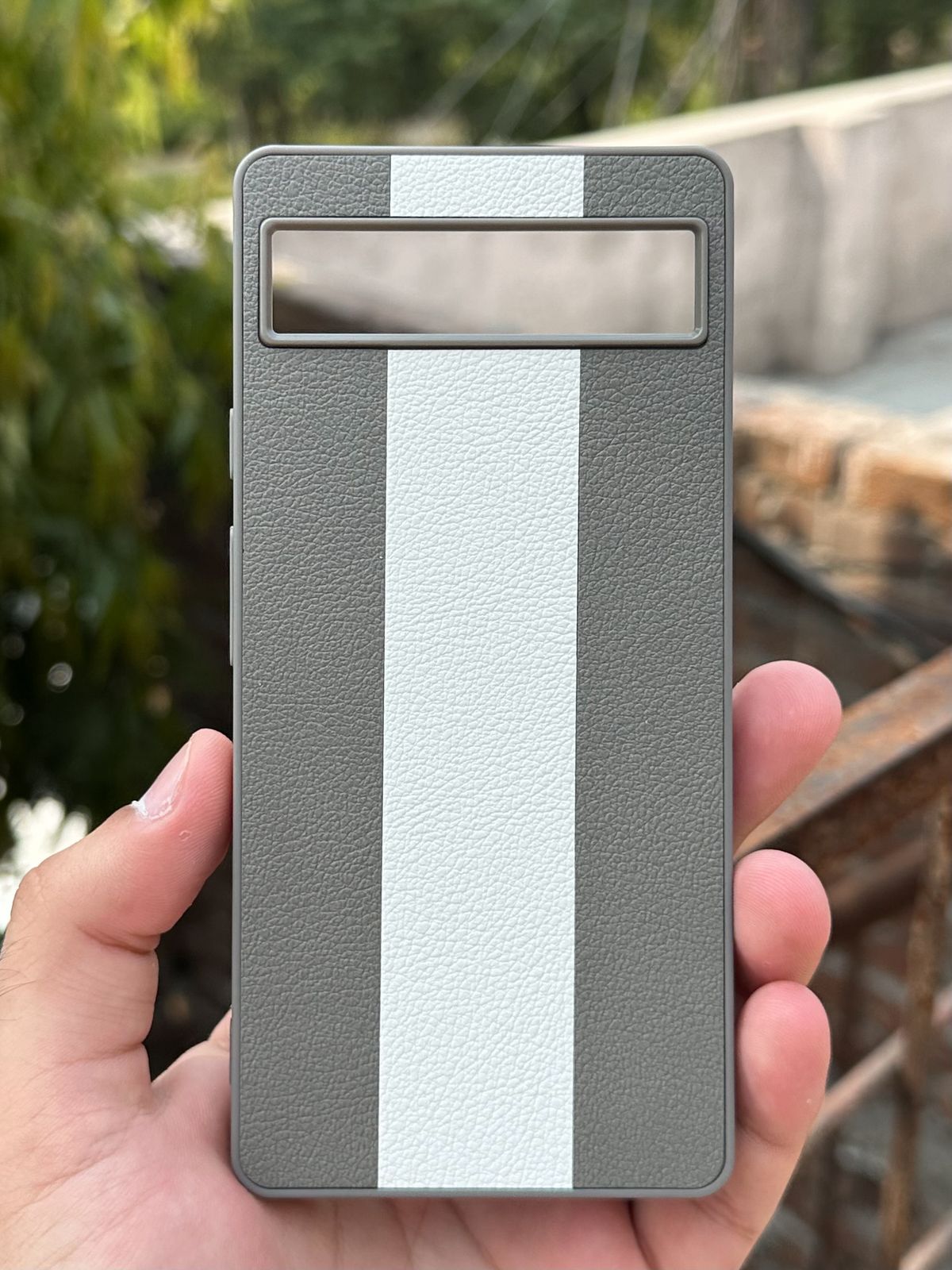 Google Pixel "6A" Premium Puloka Leather Stripe Case - Gray & White