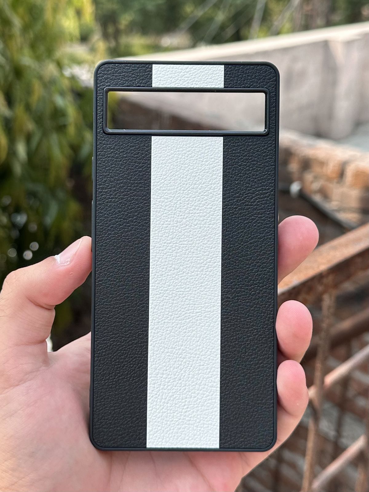 Google Pixel "6A" Premium Puloka Leather Stripe Case - Black & White
