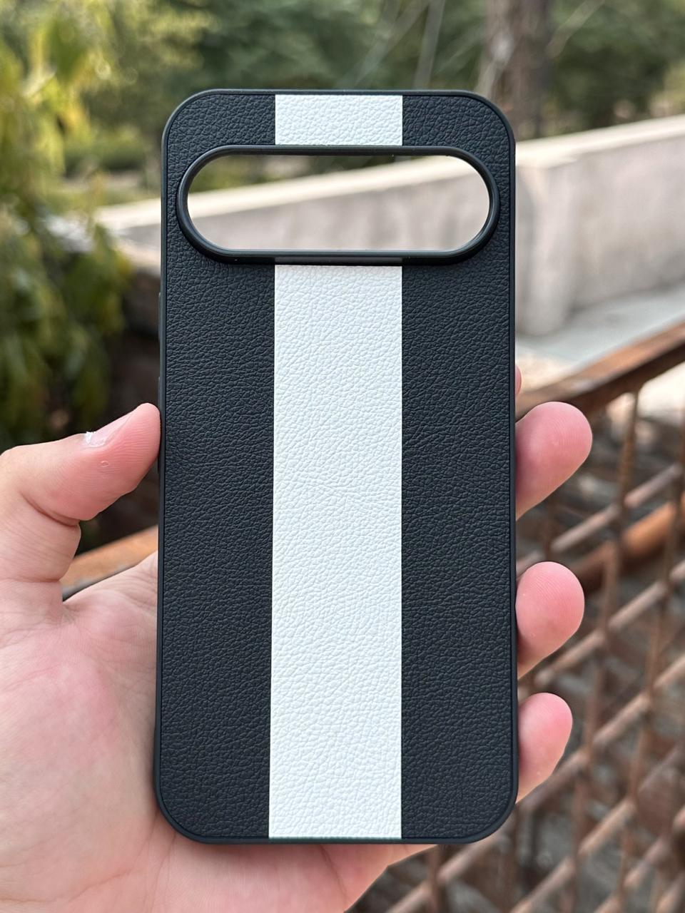 Google Pixel "9 Pro XL" Premium Puloka Leather Stripe Case - Black & White
