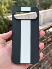 Google Pixel "9 Pro XL" Premium Puloka Leather Stripe Case - Black & White