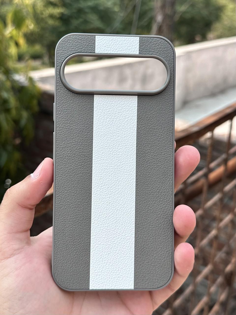 Google Pixel "9 Pro XL" Premium Puloka Leather Stripe Case - Gray & White