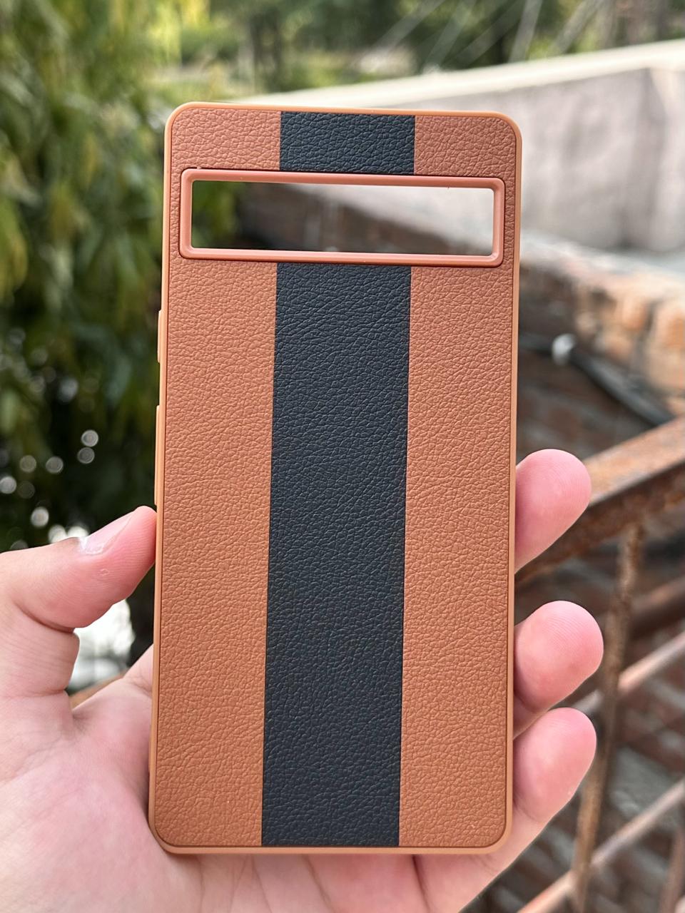 Google Pixel "7A" Premium Puloka Leather Stripe Case - Brown & Black