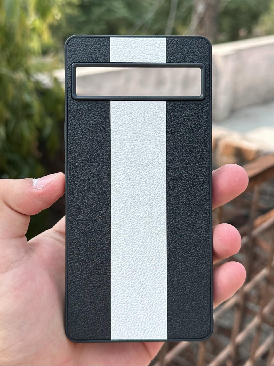 Google Pixel "7A" Premium Puloka Leather Stripe Case - Black & White