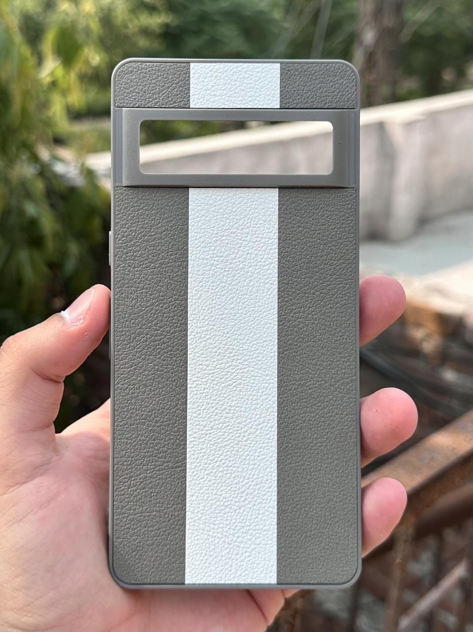 Google Pixel "7 Pro" Premium Puloka Leather Stripe Case - Gray & White
