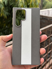 Samsung Galaxy "S22 Ultra" Premium Puloka Leather Stripe Case - Gray & White