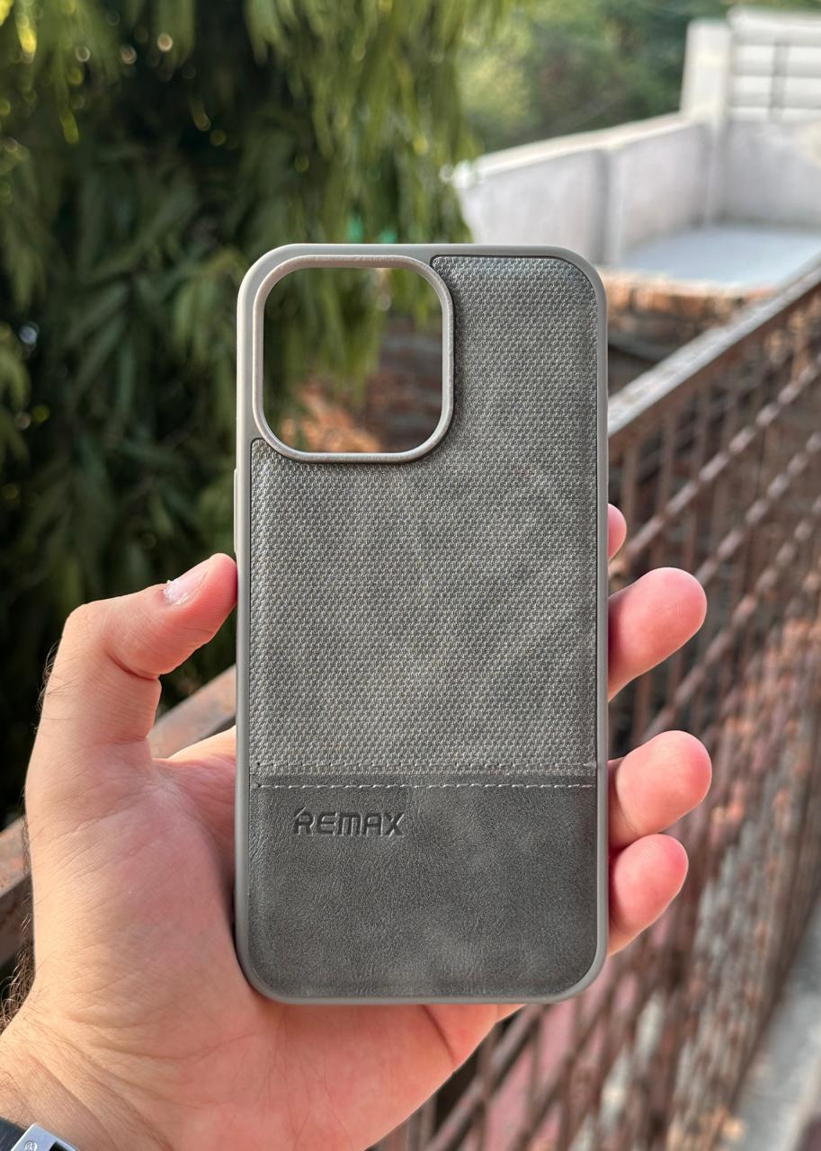 iPhone "15 Pro Max" Premium Remax Leather Stitched Case - Gray