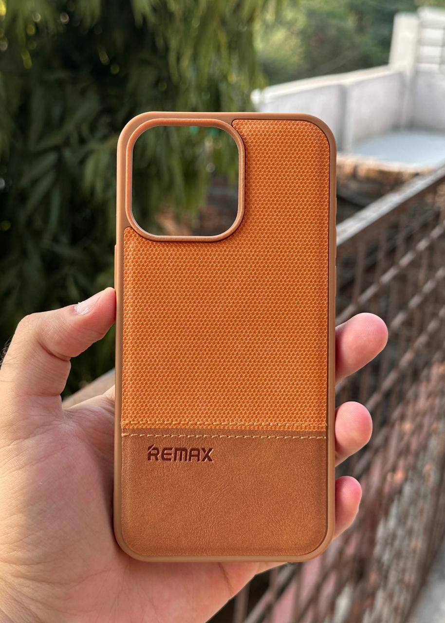 iPhone "15 Pro Max" Premium Remax Leather Stitched Case - Brown