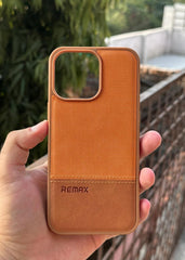 iPhone "15 Pro Max" Premium Remax Leather Stitched Case - Brown