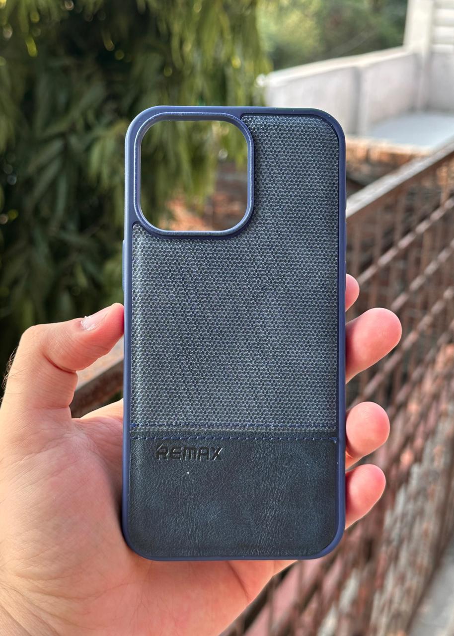 iPhone "15 Pro Max" Premium Remax Leather Stitched Case - Blue