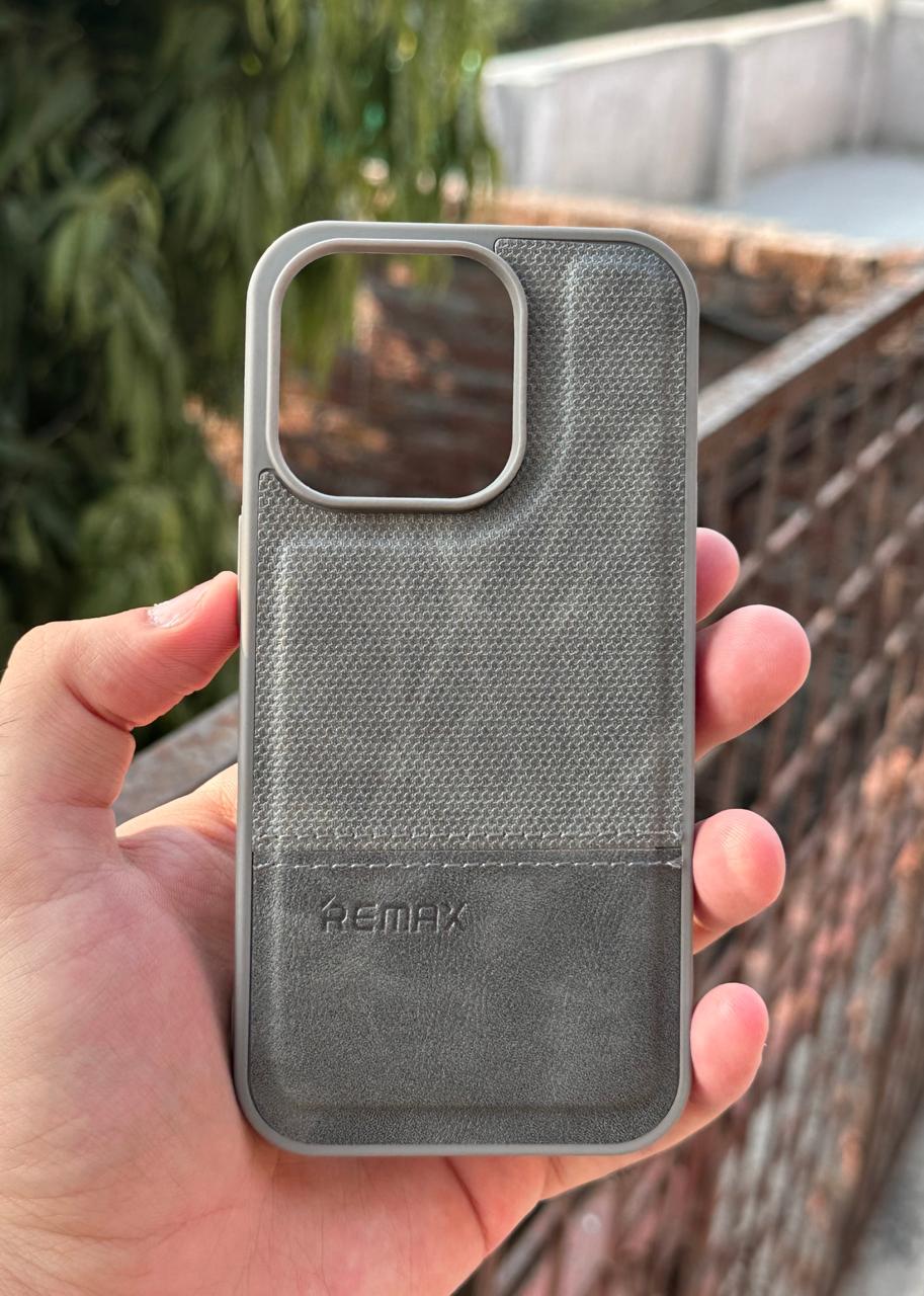 iPhone "14 Pro" Premium Remax Leather Stitched Case - Gray