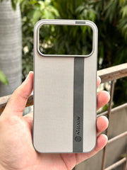 iPhone "17 Pro Max" Premium NILKIN Leather Stripe Case - White & Gray