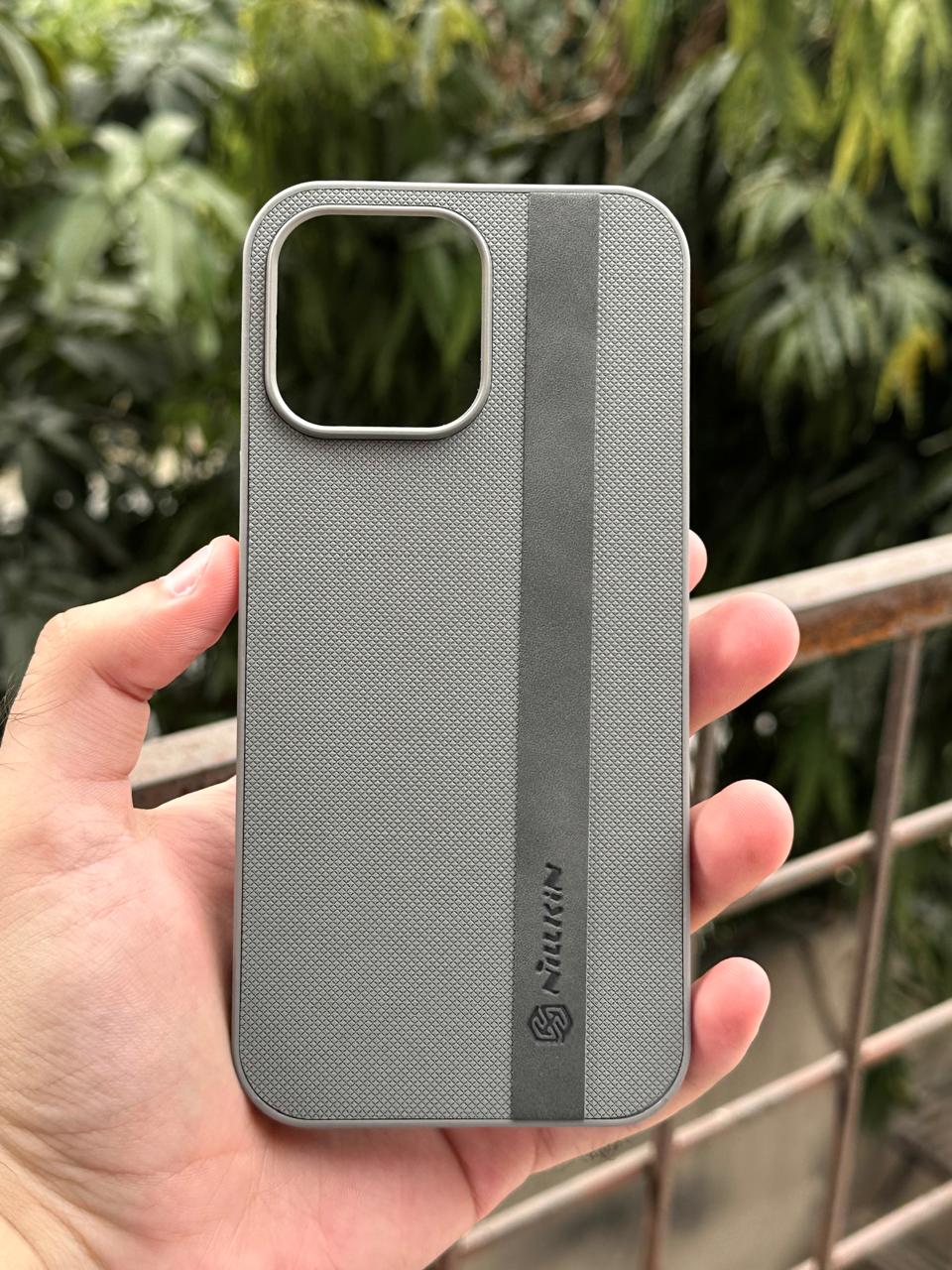 iPhone "14 Pro Max" Premium NILKIN Leather Stripe Case - Gray