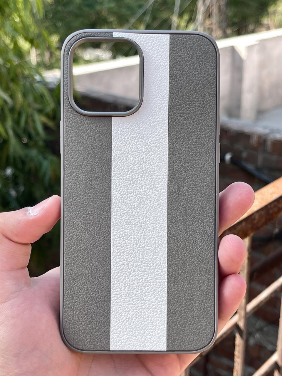 iPhone "12 Pro Max" Premium Puloka Leather Stripe Case - Gray & White